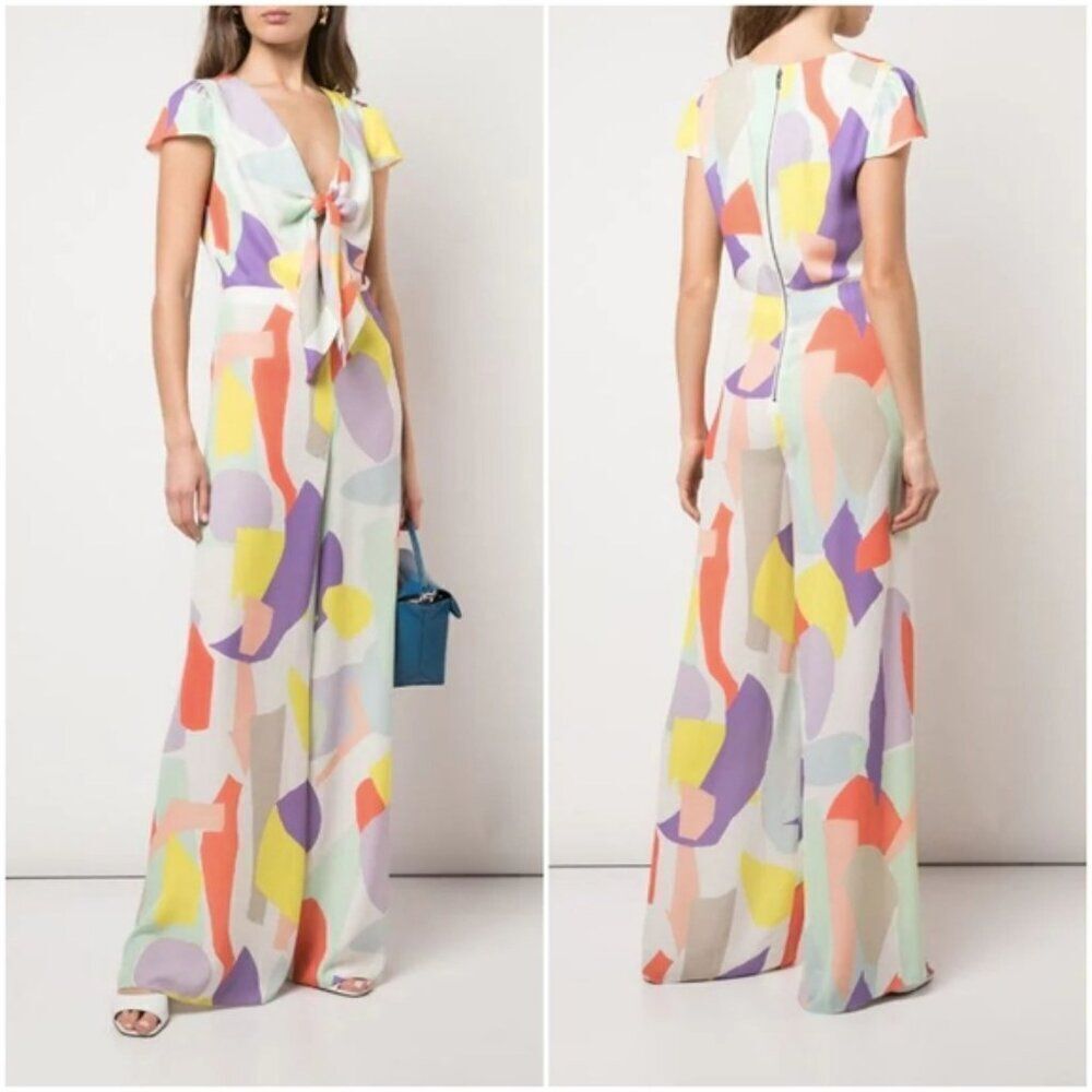 Alice + Olivia white blue yellow pastel abstract print wide leg Sierra jumpsuit
